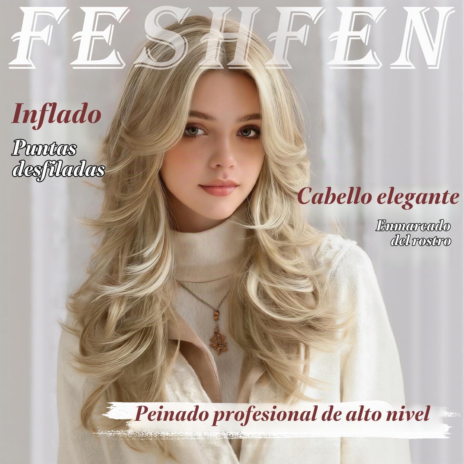 FESHFEN Peluca Largas Onduladas para Mujeres Natural Layered Pelucas de Pelo Sintética Resistente Wig para Uso Diario en Fiestas Cosplay, 50 cm Reflejos Rubio