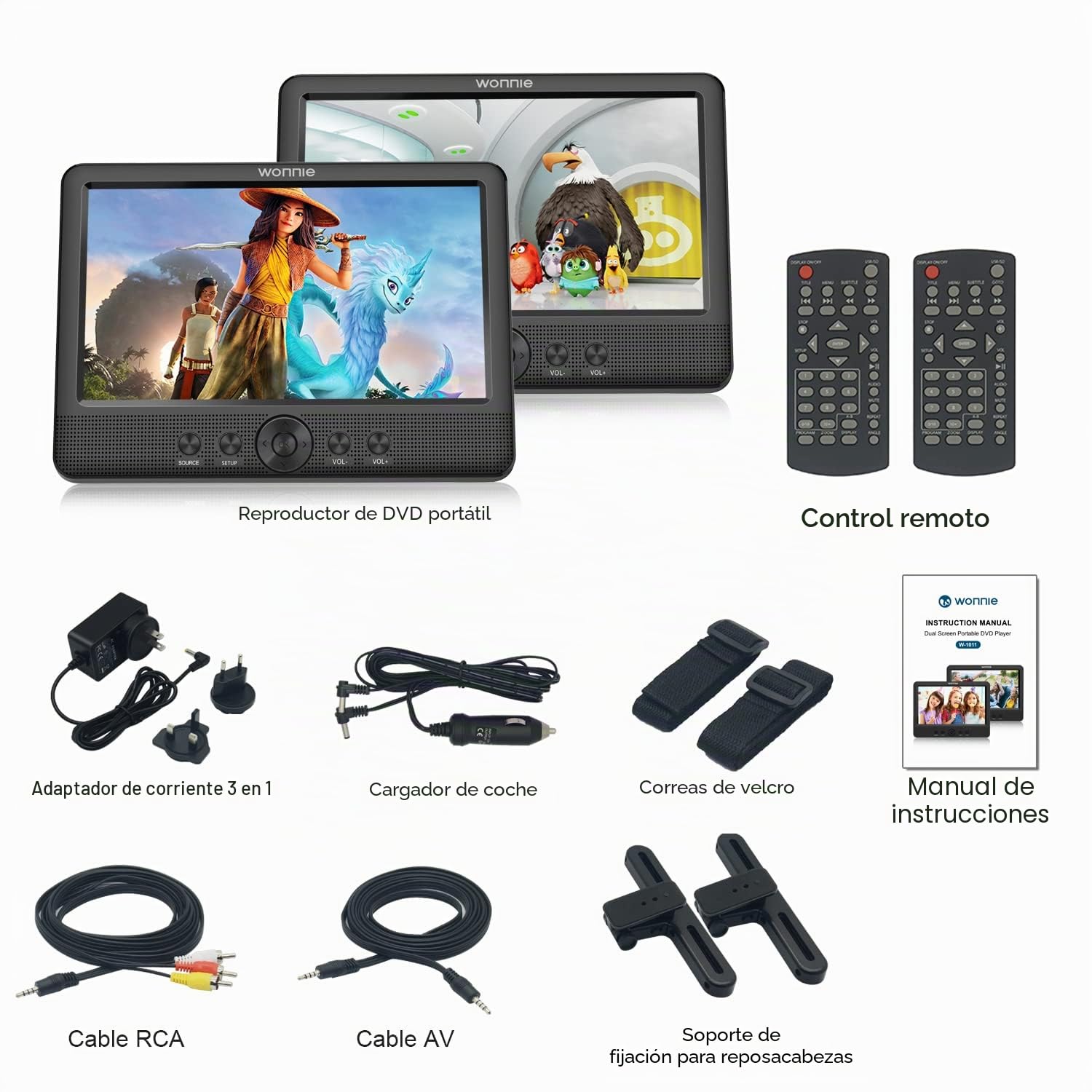 WONNIE - Reproductor de DVD portátil para Coche, 2 Pantallas para niños, vídeo con reposacabezas de 10,5 Pulgadas, Compatible con USB SD MMC 5 Horas para un Viaje Largo (Dos Reproductores de DVD)