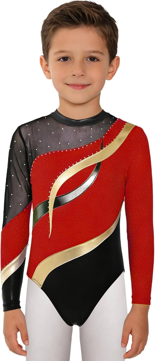Kids Boys Gymnastics Leotard Long Sleeve Ballet Dance Unitard Training Practice Competition Biketard