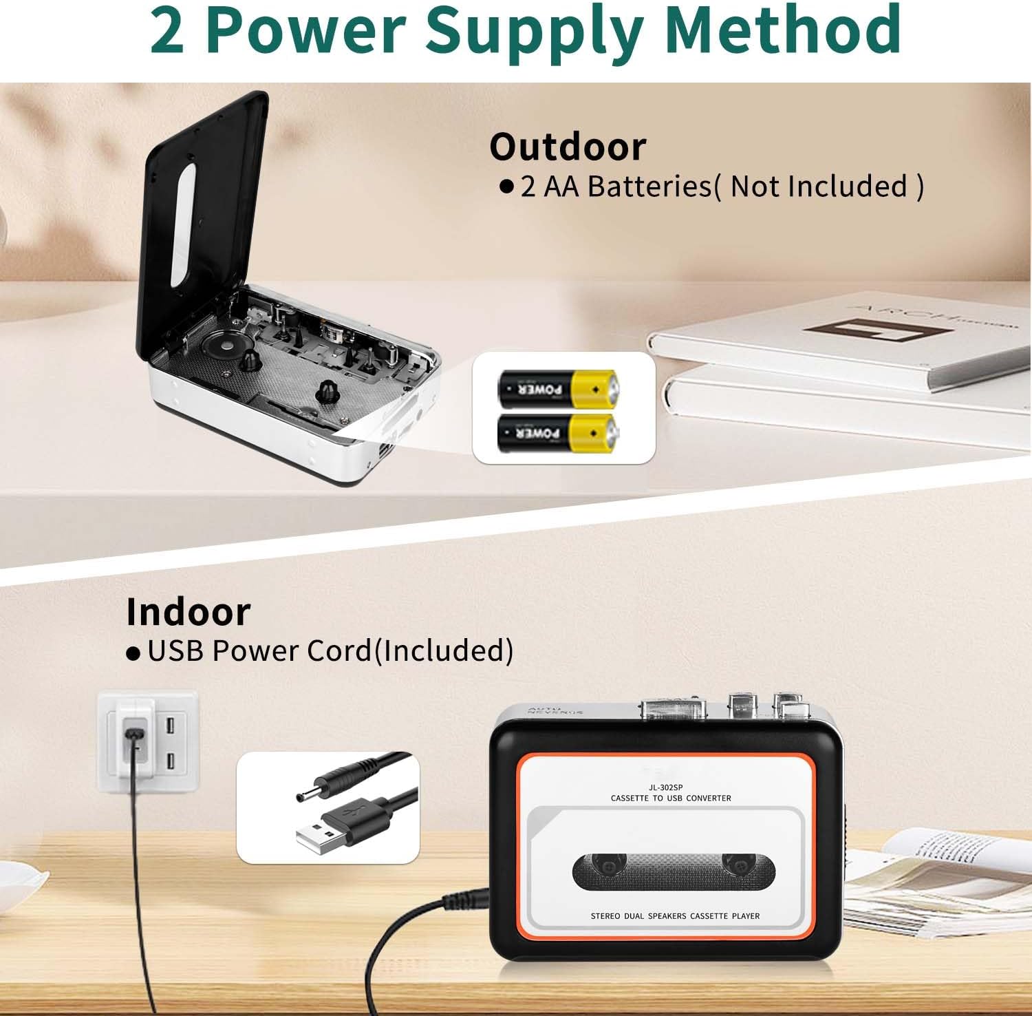 Portable Cassette to USB Converter,Dual Speaker Pure Stereo &Auto Reverse Cassette Player, Supports U Disk & USB Card Reader ，Cassette Tape Player with 3.5mm Headphone Jack