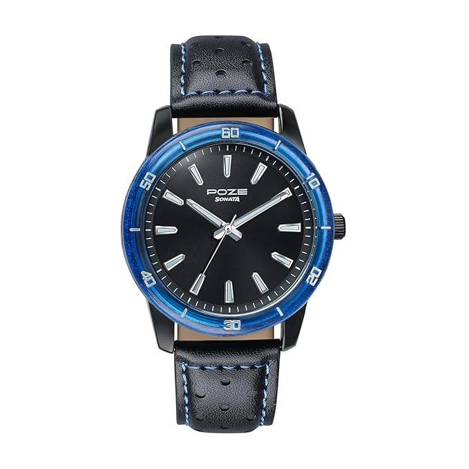 Sonata Poze 7 Analog Black Dial IP Black + Blue Stitch Leather Strap Watch for Men - SP70092KL01W