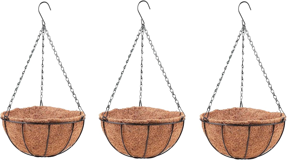 LaLaGreen Hanging Planters with Coco Liners (12 Inch, 3 Pack) Hanging Baskets for Plant Outdoor, Hanging Plant Pot Flower Metal Wire Round Holder Hanger Hook Chain Deck Porch Garden Balcony Boho Decor