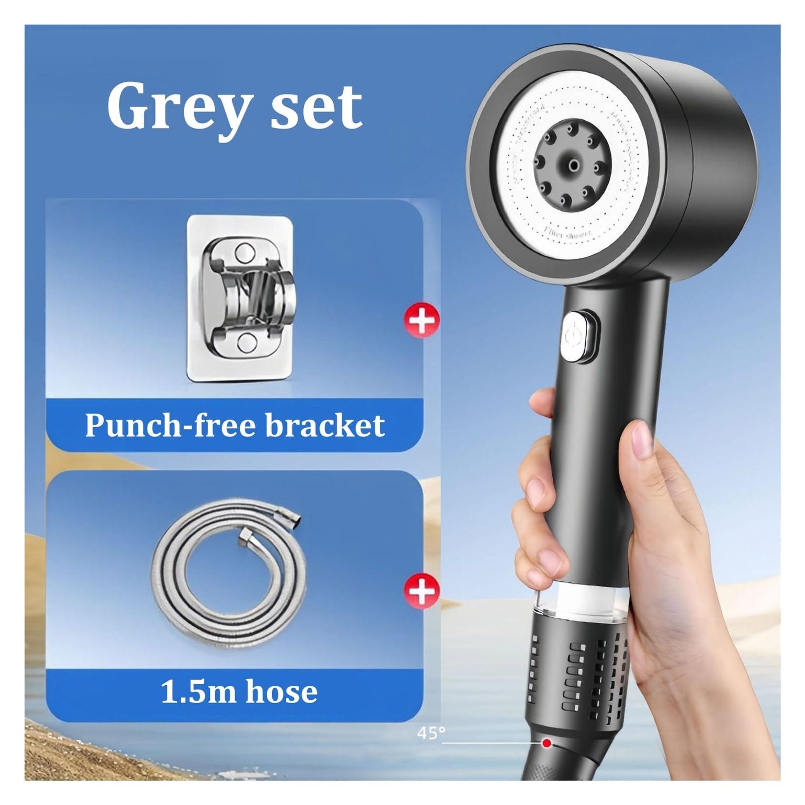 Filtro de cabezal de ducha a presión de 4 modos, ahorro de agua, ajuste universal, juego de ducha gris de alta presión para una experiencia similar al spa