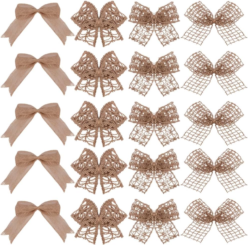 2 Sets 24Pcs Small Burlap Bows Burlap Ribbon Bow Tan Flax Handmade Woven Hollow Mini Twist Tie Bowknot Wreath Craft Decoration for Wedding Party Christmas Tree Home Gift Wrapping DIY Decor