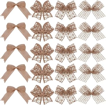 2 Sets 24Pcs Small Burlap Bows Burlap Ribbon Bow Tan Flax Handmade Woven Hollow Mini Twist Tie Bowknot Wreath Craft Decoration for Wedding Party Christmas Tree Home Gift Wrapping DIY Decor