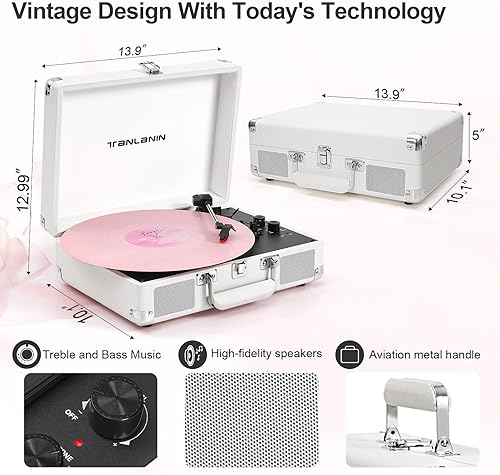 Vista 6 de Tocadiscos con altavoces estéreo incorporados, maleta portátil con Bluetooth de 3 velocidades, reproductor de discos de vinilo, banda de ganancia