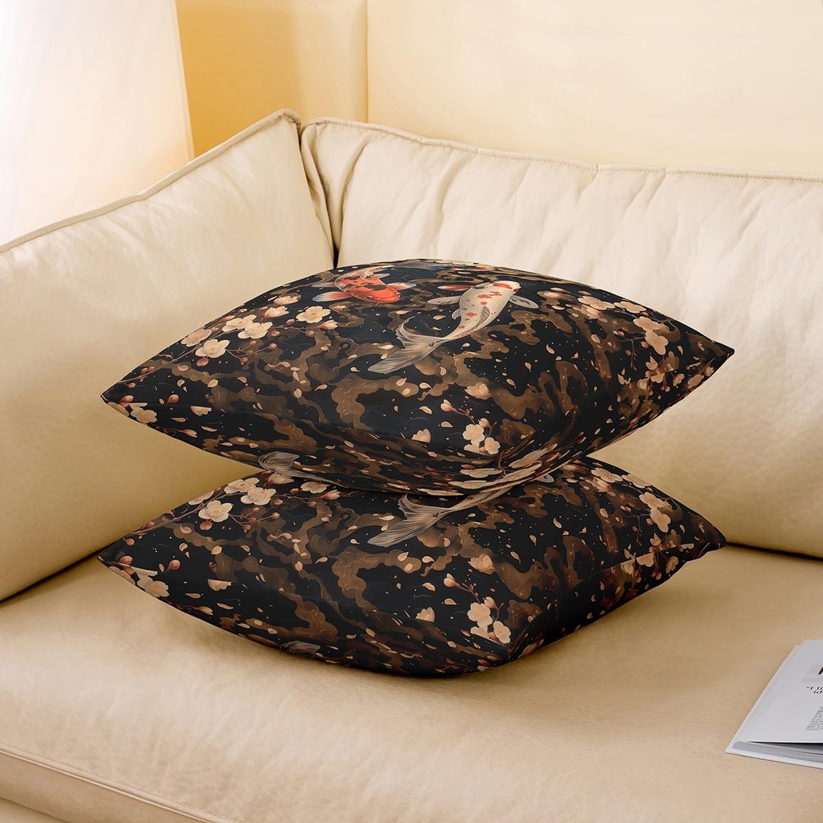 Erosebridal Koi Fish Throw Pillow Cover Cherry Blossom Pillow Cover 24X24 Apanese Style Ukiyoe Cushion Cover Oriental Exotic Carp Decorative Pillow Cover Vintage Retro Bedroom Decor