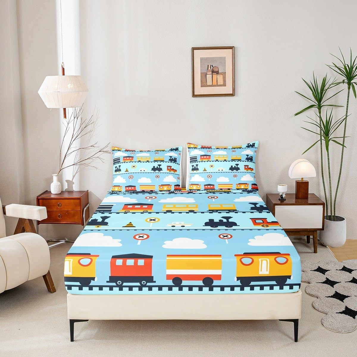 Construction Traffic Bed Sheets Full,Cartoon Train Fitted Sheet Kids Boys Girls Travel Railroad Tracks Sheets,Steam Engine Vehicles Bed Set Light Blue