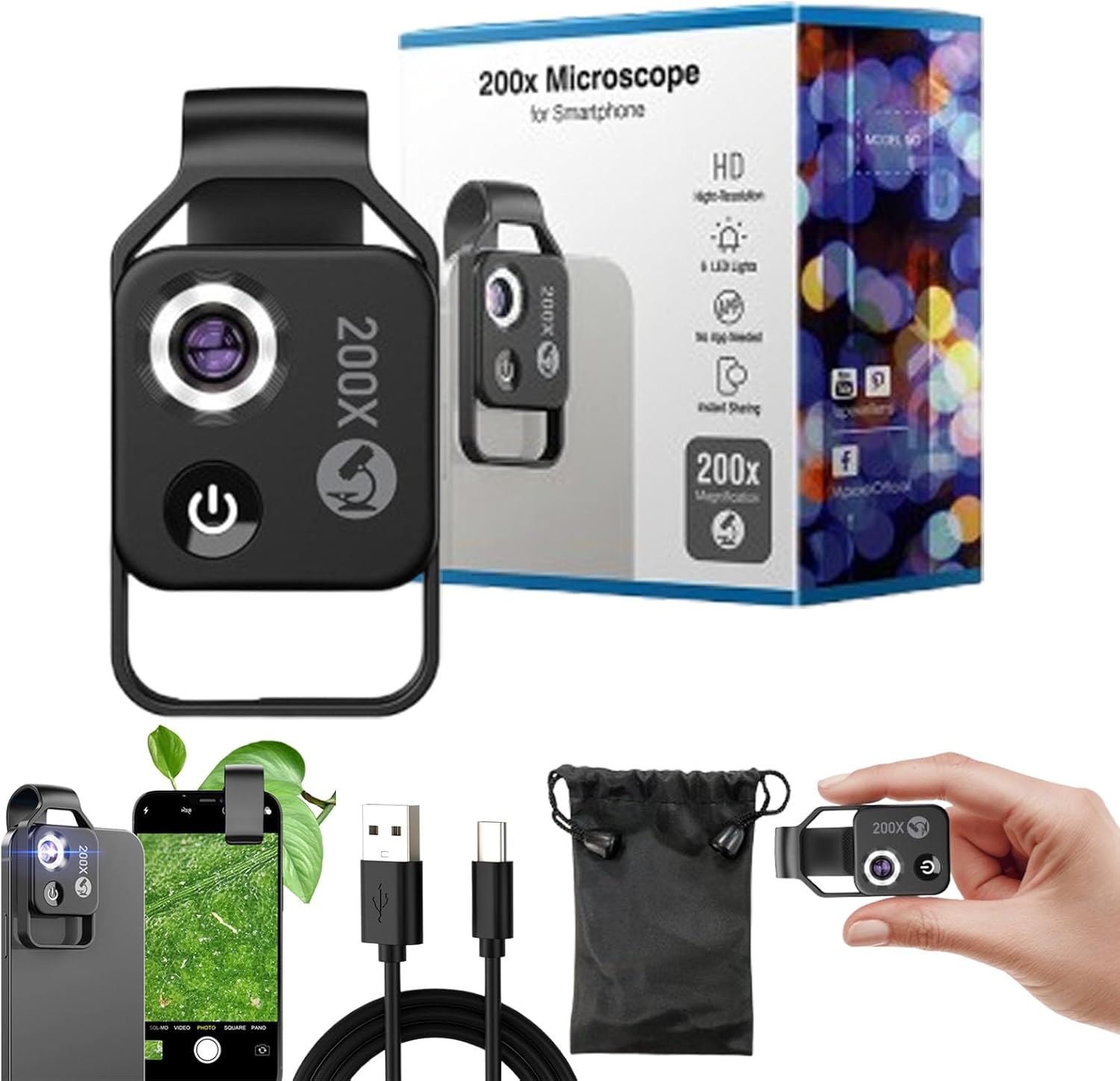 Nano Zoom 200x for iPhone, 2025 Upgraded Nanozoom 200x for iPhone, Nano Zoom Lens for iPhone, 200x Magnification Zoom with LED Light/Universal Clip (1PC-Black)