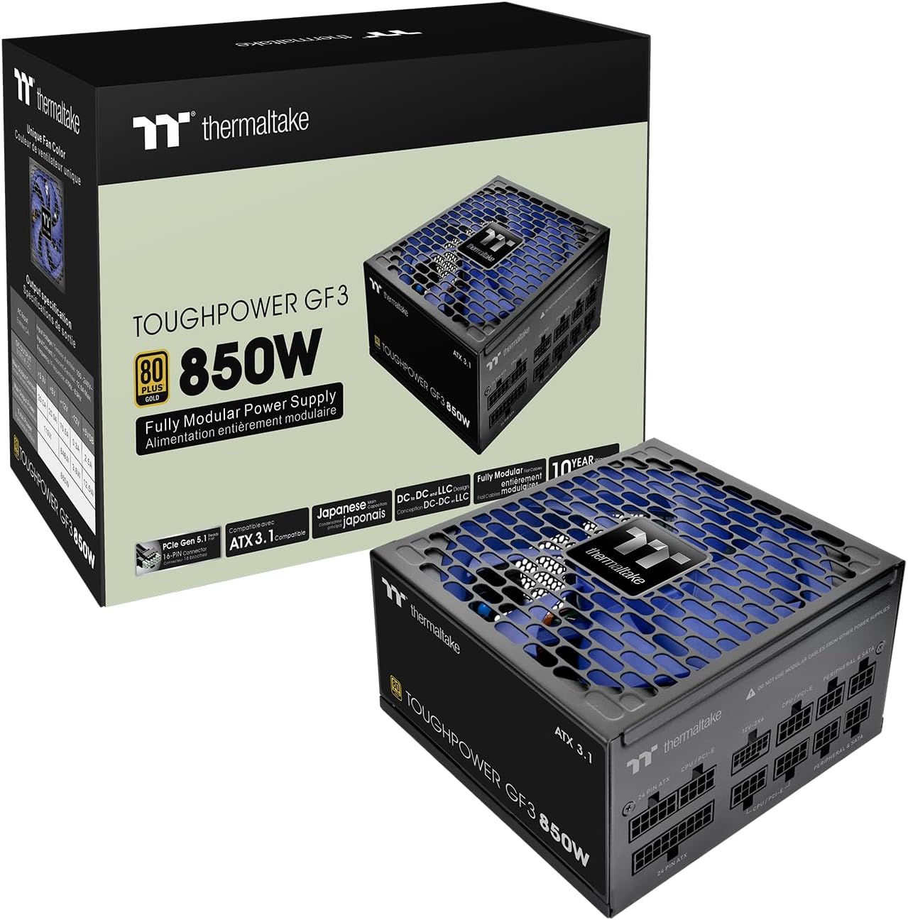 Thermaltake Toughpower GF3 850W; ATX 3.1; Native PCIe 5.1 12V-2x6; Flat Cables; Color Matched Connectors; Japanese Main Capacitors; 135mm Fan; 80 Plus Gold Certified; Black; PS-TPD-0850FNFAGU-4