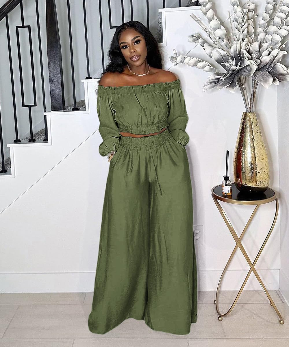 Two Piece Sets For Women Going Out Long Sleeve Off Shoulder Crop Top Wide Leg Pants Set Vacation Birthday Party Outfits