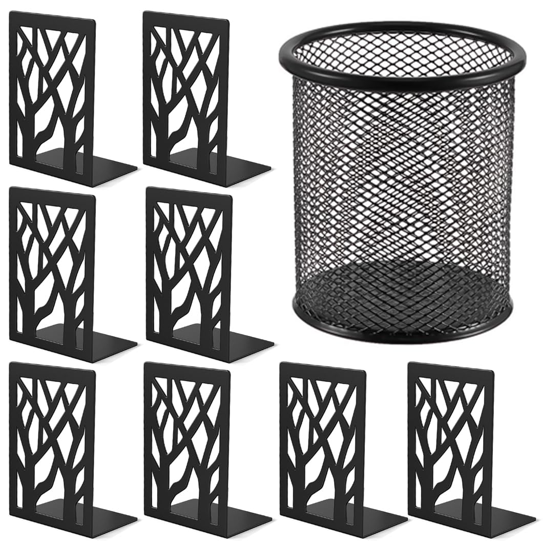 Fermalibri decorativi in metallo resistente, supporti per fermalibri da scrivania (4 paia, nero)