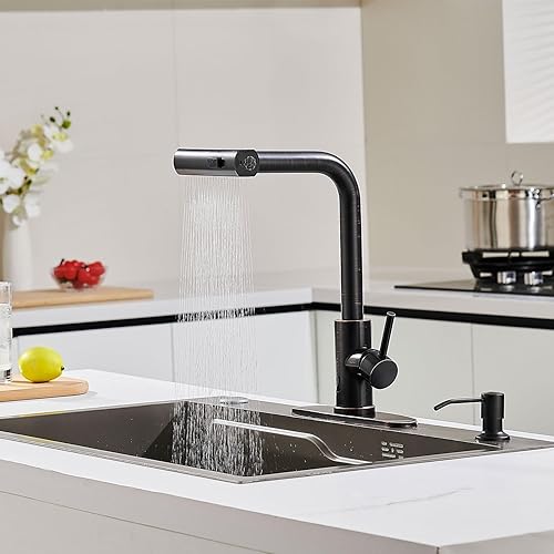 Miniatura 41 de Grifos de cocina de níquel cepillado con rociador desplegable y dispensador de jabón, un solo orificio y mango, grifo extraíble, grifo de fregadero