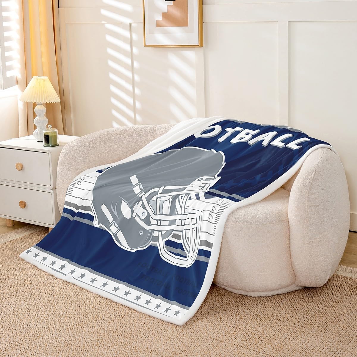 Feelyou American Football Plush Blanket Rugby Sports Game Sherpa Blanket Kids Boys Girls American Football City Fleece Throw Blanket Navy Blue Grey Fuzzy Blanket for Sofa Bed Couch,Twin 60x80 Inches