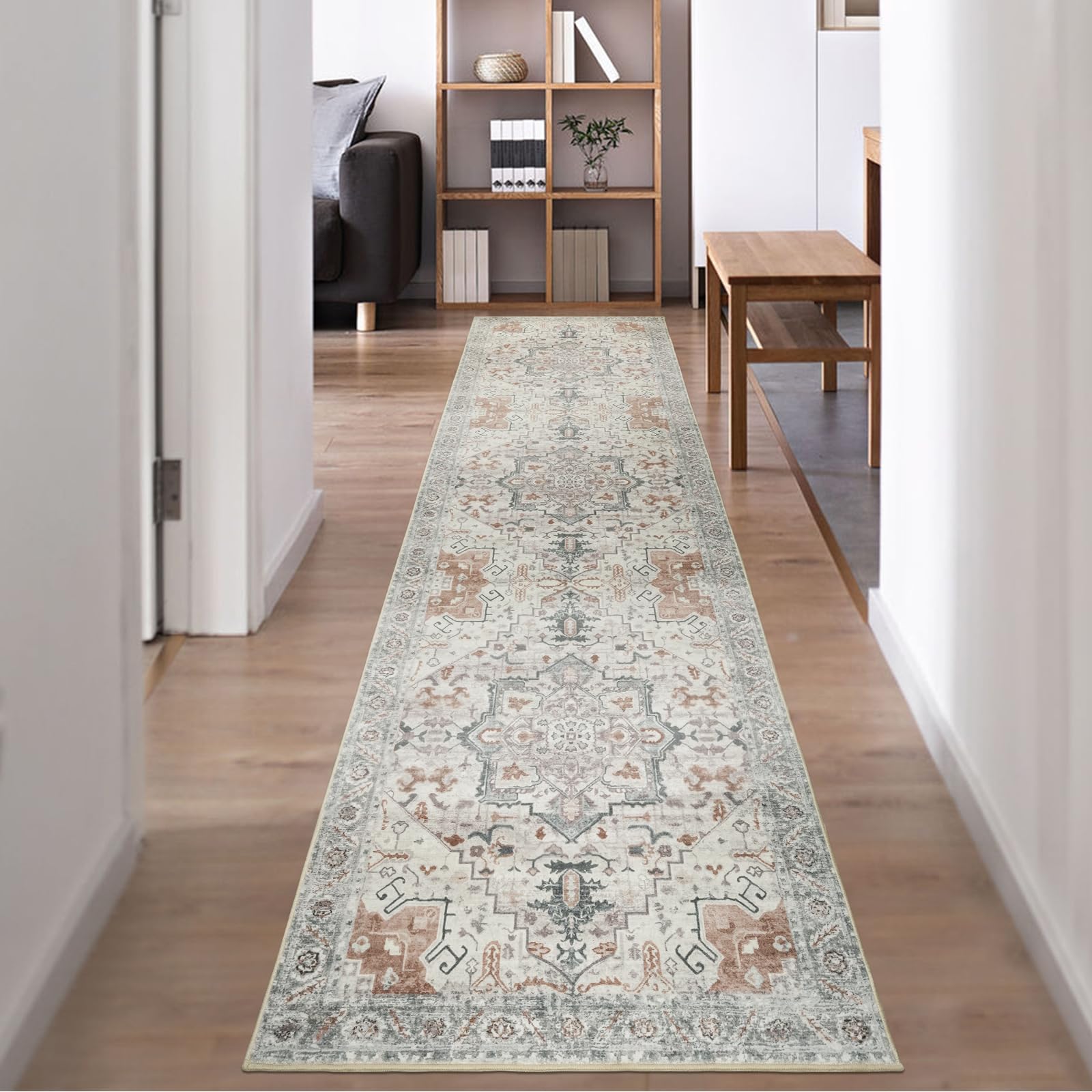 Famibay Alfombra de pasillo, extra larga, 60 x 300 cm, lavable, antideslizante, para pasillo, estilo vintage, boho, alfombra de cocina para entrada, escalera, pasillo, dormitorio