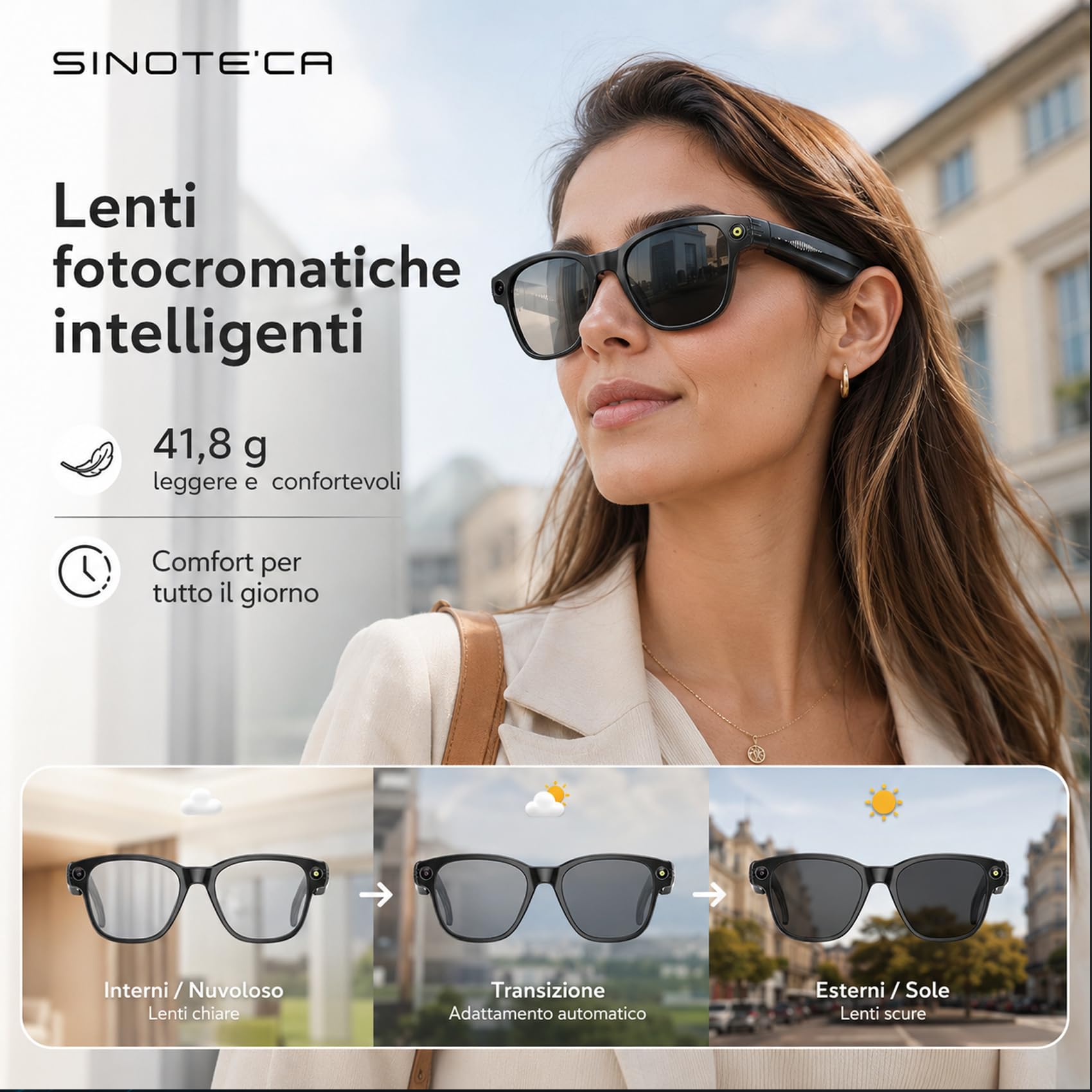 SINOTE'CA AI Smart Glasses con Telecamera 8MP, Occhiali Intelligenti con Lenti Fotocromatiche, Microfono Doppio con Riduzione Rumore, WiFi Transfer, 4GB, Ricarica Magnetica