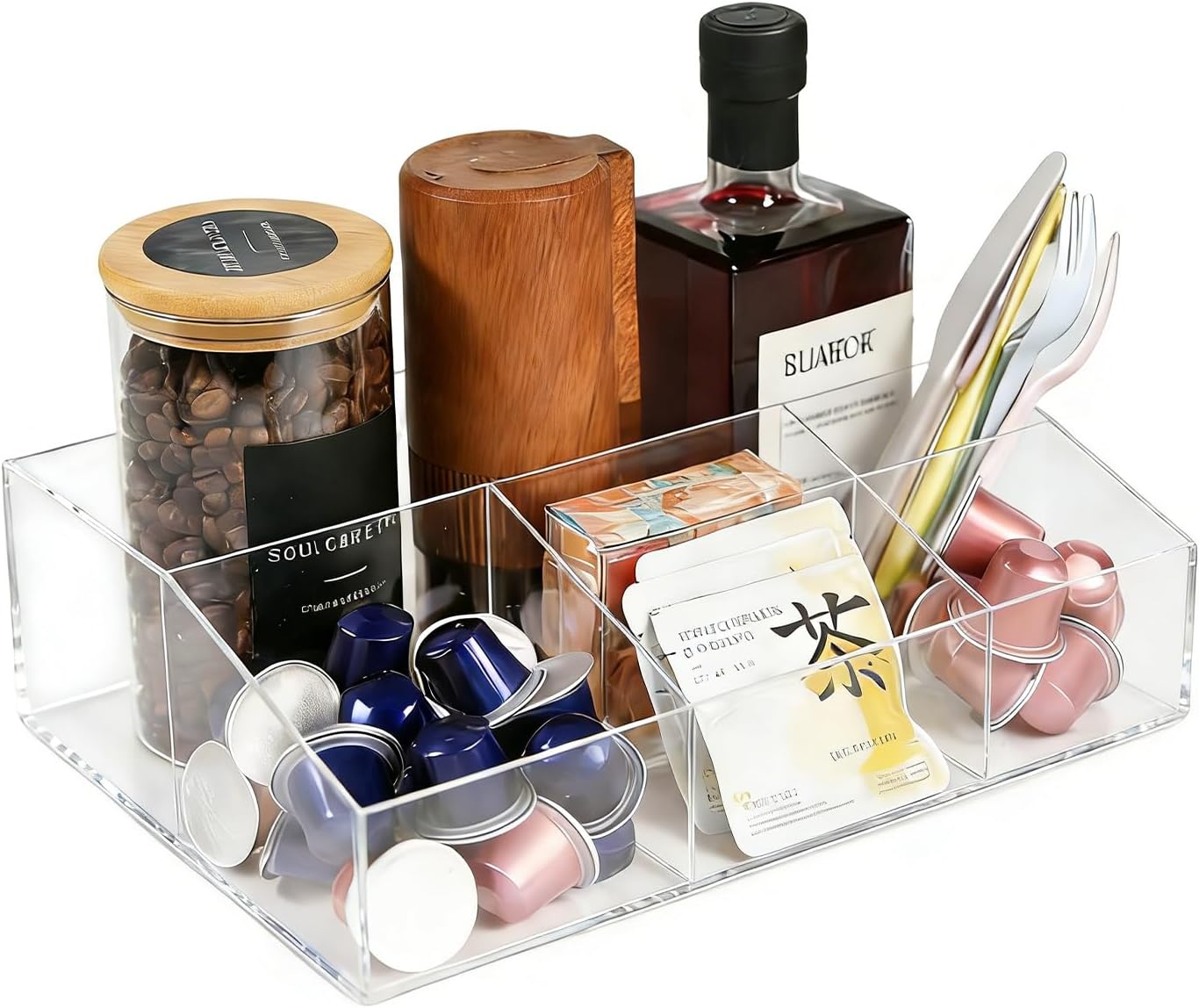 Acrylic Coffee Bar Station Organizer for Countertop Office Breakroom, Clear Tea Snack Storage Coffee Capsule Pod Holder for Kcup Condiment Sugar Creamer Syrup, Easter Gift for Coffee Lovers