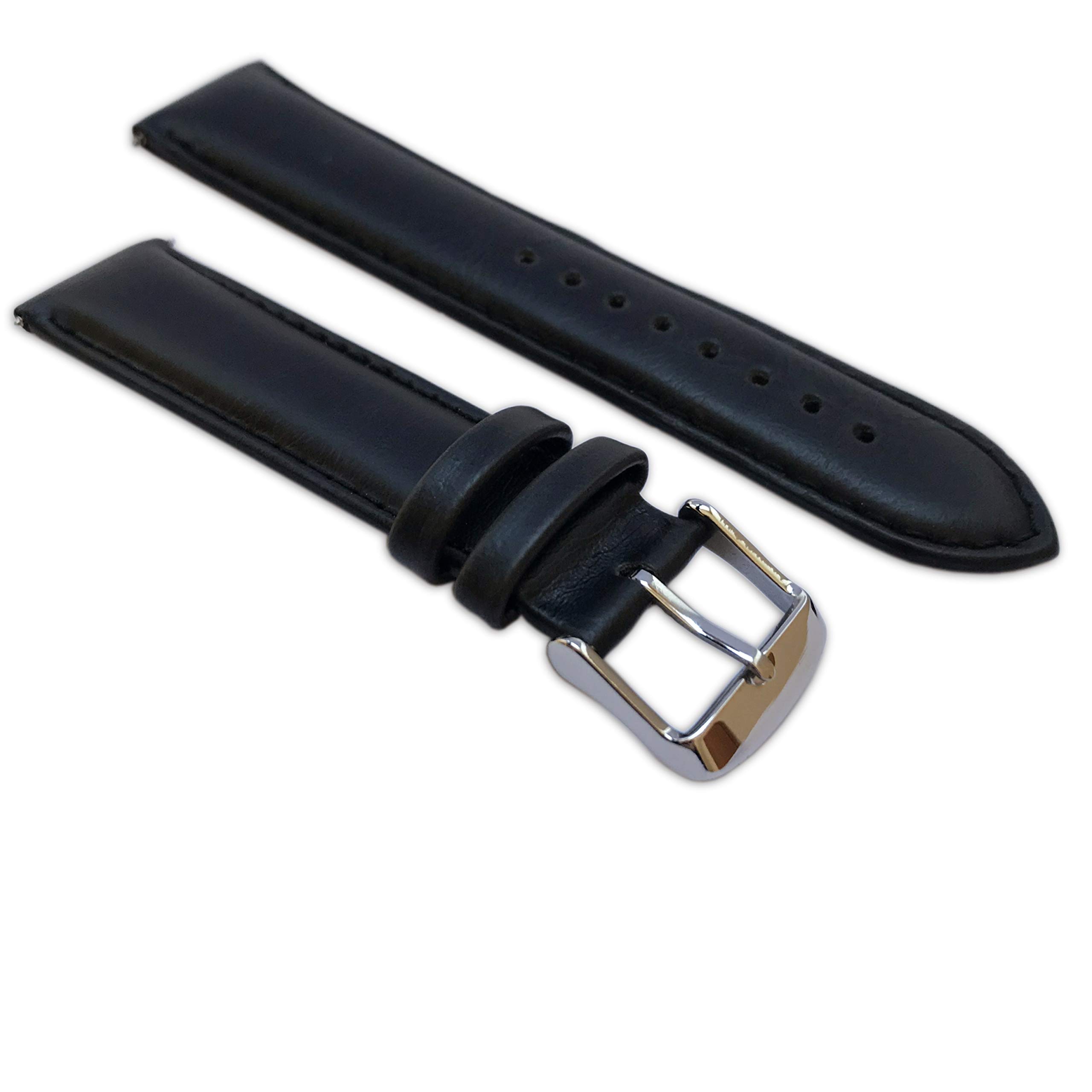 Jewellers Tools Black 22Mm Genuine Oily Calf Leather Watch Strap Padded Ss Buckle