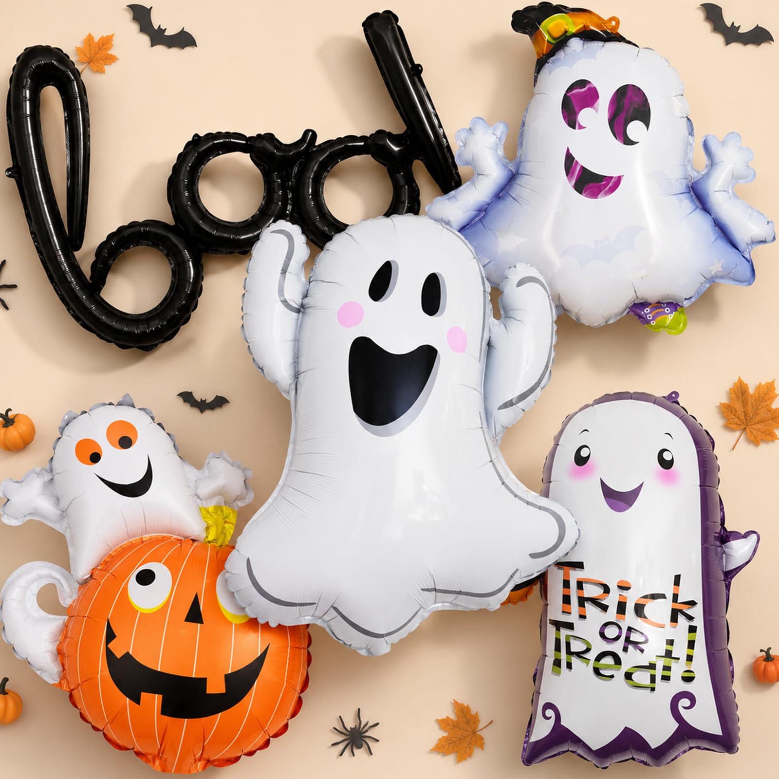 HILAVO 5PCS Halloween Foil Balloons Set, Ghost Pumpkin Boo Balloons Cute Happy Boo Day Mylar Balloons for Halloween Baby Shower Spooky Birthday Ghost Themed Backdrop Party Decorations