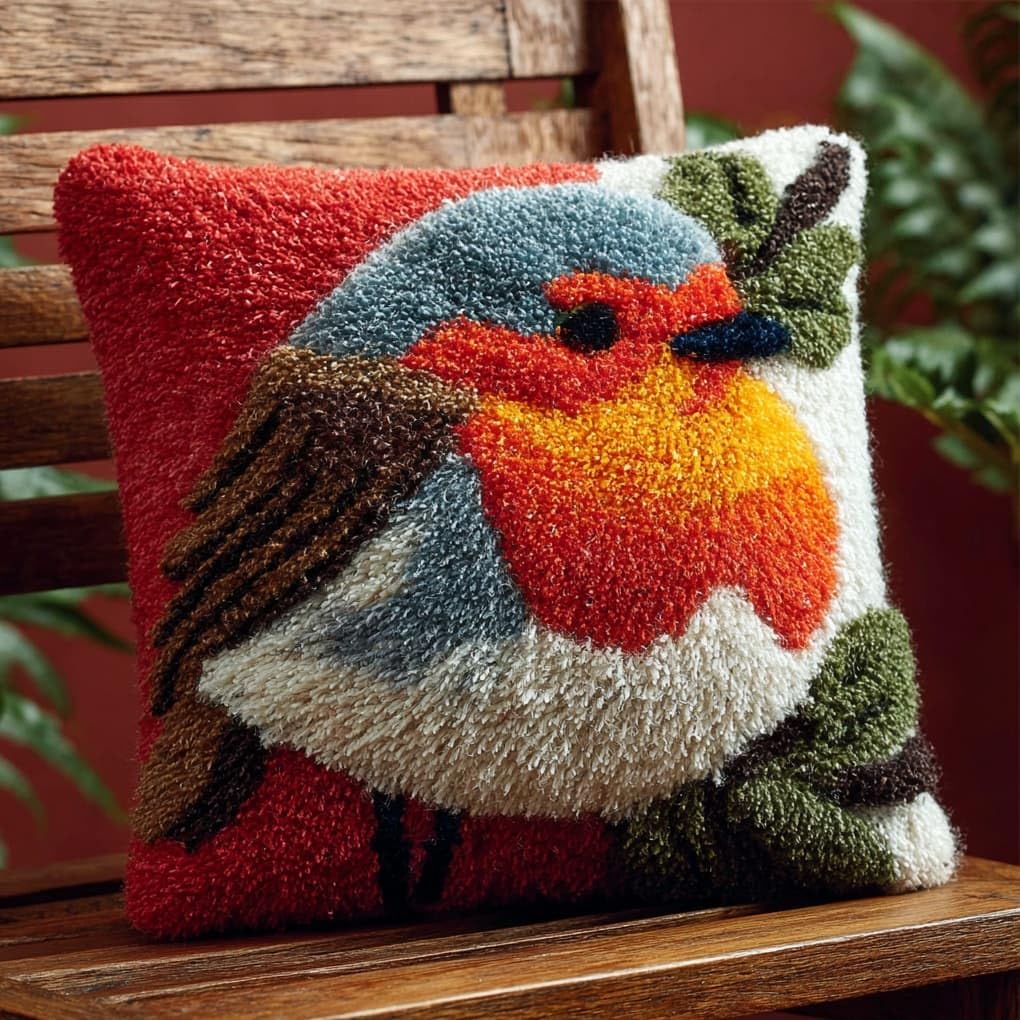 Henypt DIY Latch Hook Cushion Kit 43x43cm,Animal Robin Complete Needlecraft Set with Pre-Cut Yarn & Tools,Creative Home Decor Gift for All Ages