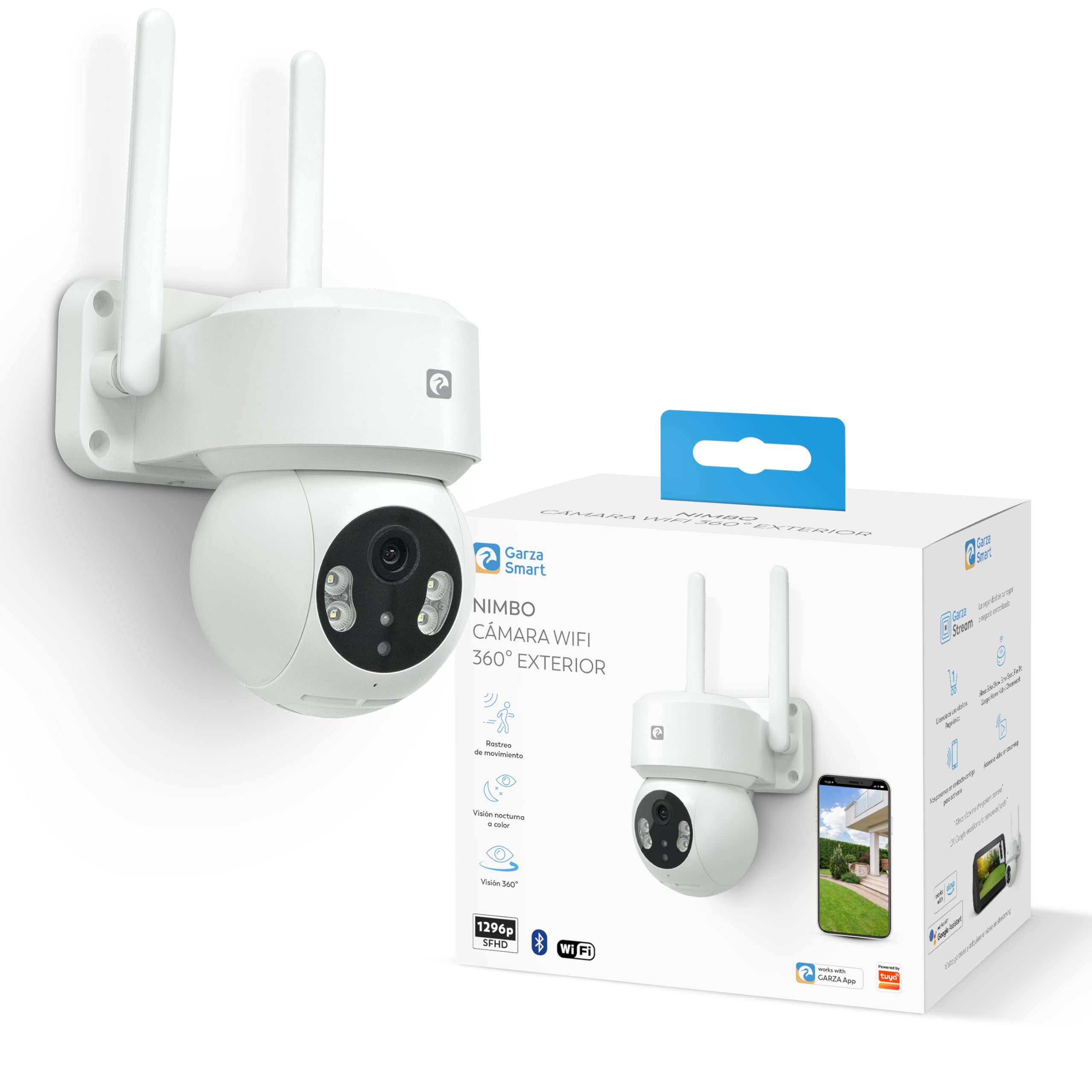 Garza Smart - Pack 2 Cámara de vigilancia WiFi IP 360º Exterior Inteligente. 1296P con Visión Nocturna, Audio bidireccional, Detección de Movimiento, Control por App.