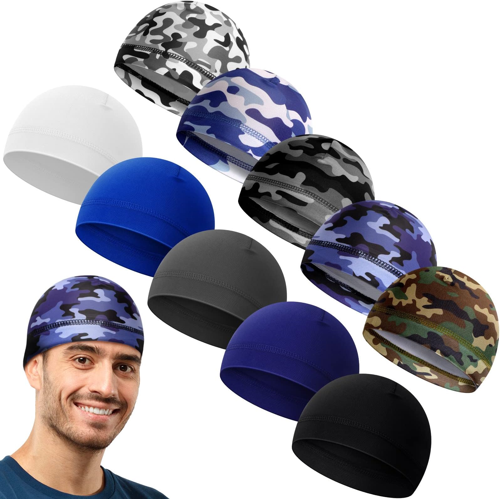 10 Pcs Men Skull Caps Cooling Welding Hard Helmet Liner Cycling Skull Caps Wicking Beanie Do Rag Head Wrap for Men