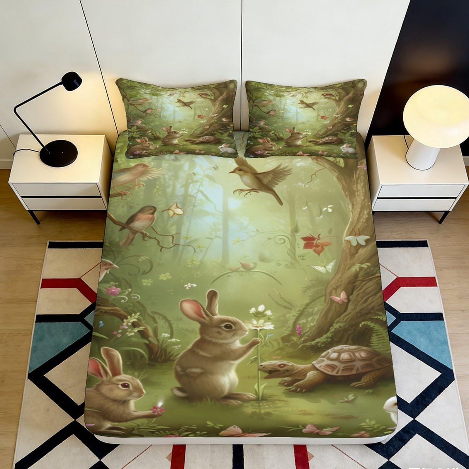 Dhbaneiok Style-3 3D Printed Forest Rabbit Fitted Sheet Microfiber Soft Green Animal Bed Cover For Bedroom Guest Room Mattress Protection 90X200x25cm
