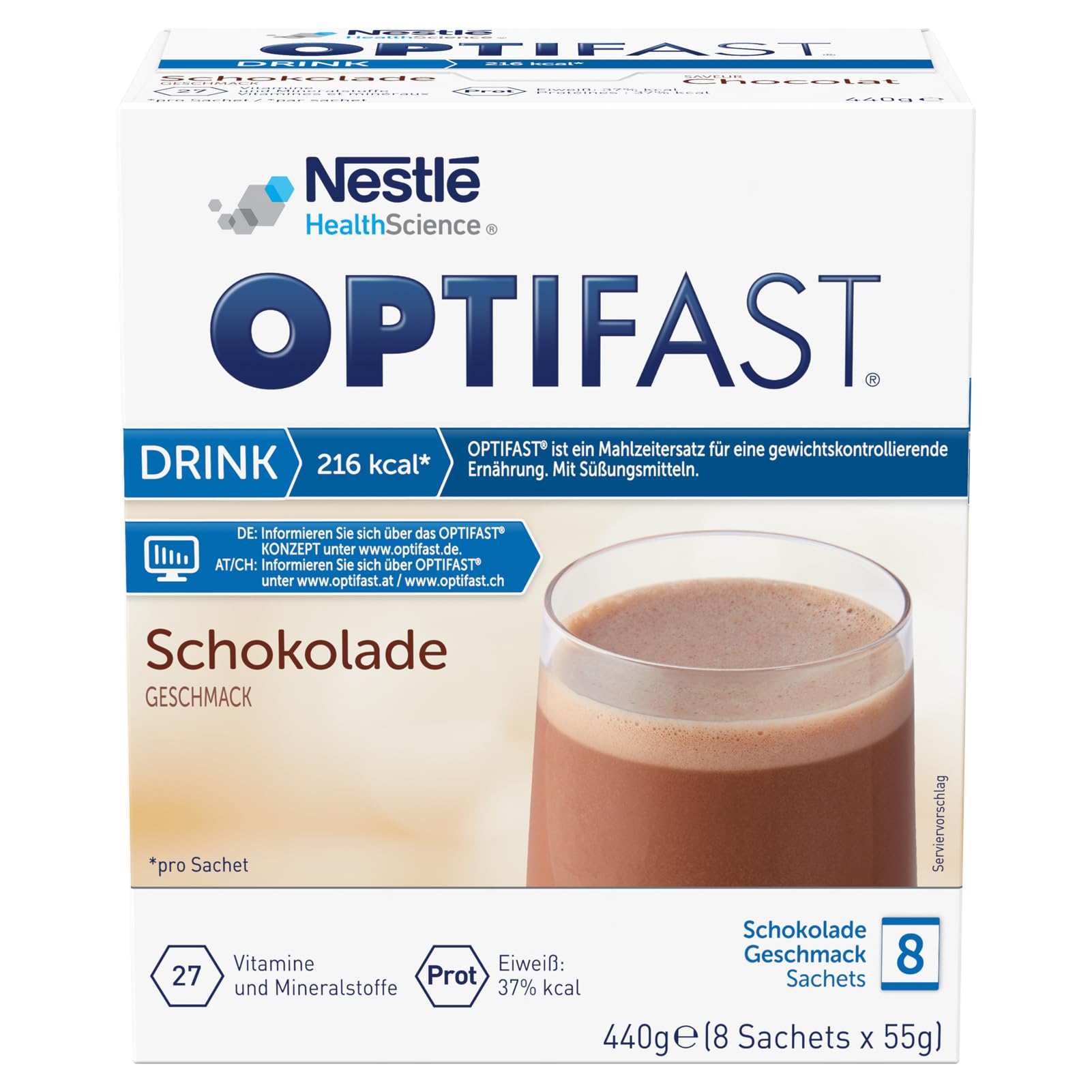 OPTIFAST® Diät Shake Schokolade zum Abnehmen | eiweißreicher Mahlzeitersatz mit wichtigen Vitaminen und Mineralstoffen | schnell zubereitet und lecker im Geschmack | 8 x 55g