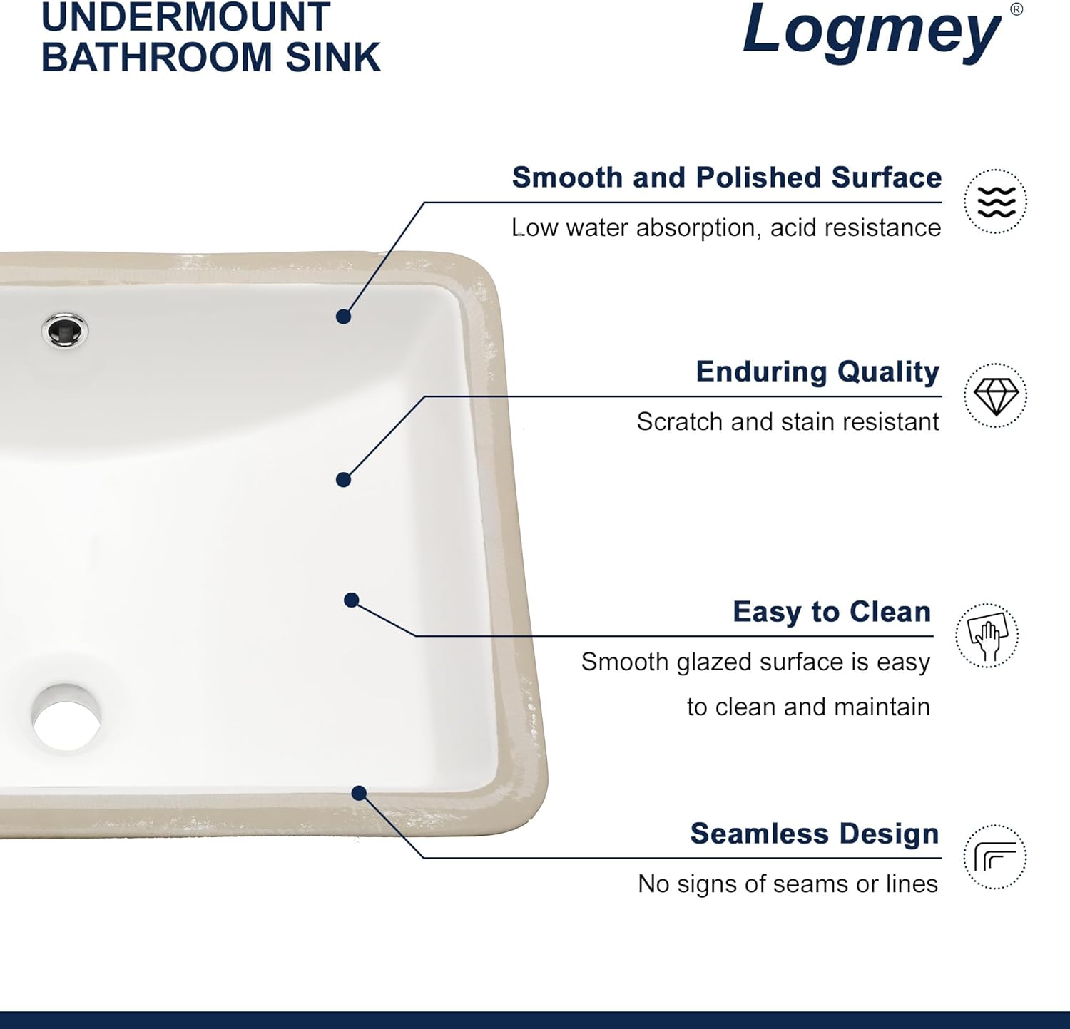 Logmey 21" Undermount Bathroom Sink with Overflow,21x14 White Rectangular Porcelain Ceramic Lavatory Vanity Sink,Under Counter Single Bowl Basin for Modern Bathroom,Hotel & Home Washroom