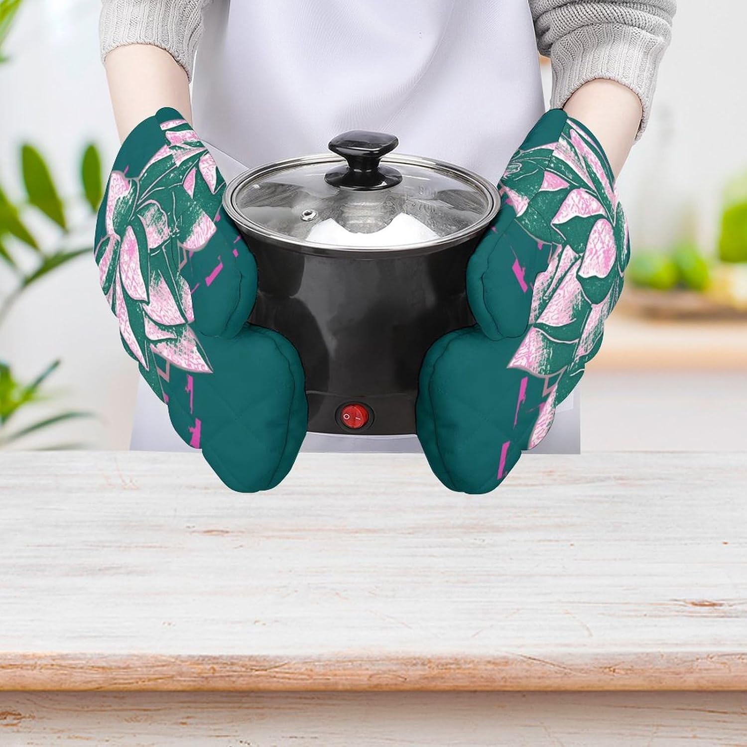 Oven Mitts 2 Pcs Kitchen Oven Glove Flower Namaste Oven Mitt Non-Slip Oven Gloves for Cooking Heat Resistant Hot Pads for Microwave BBQ