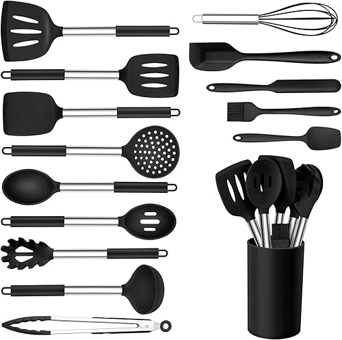 Onader Juego de utensilios de cocina, 15 piezas de utensilios de cocina de silicona con soporte y mango de acero inoxidable resistente al calor para