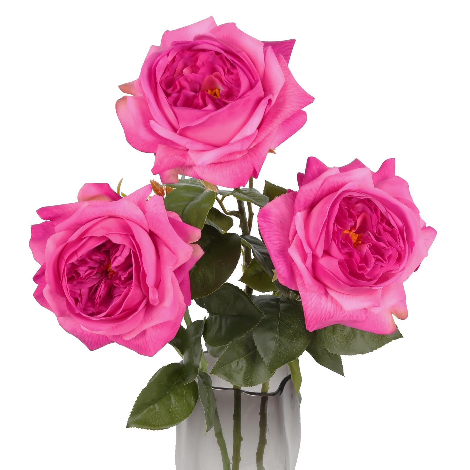 ICBOX 3PCS Hot Pink Real Touch Rose 5.1'' Large Roses 23.62'' Artificial Austin Roses with Stems for Tall Vases Faux Roses Peonies for DIY Wedding