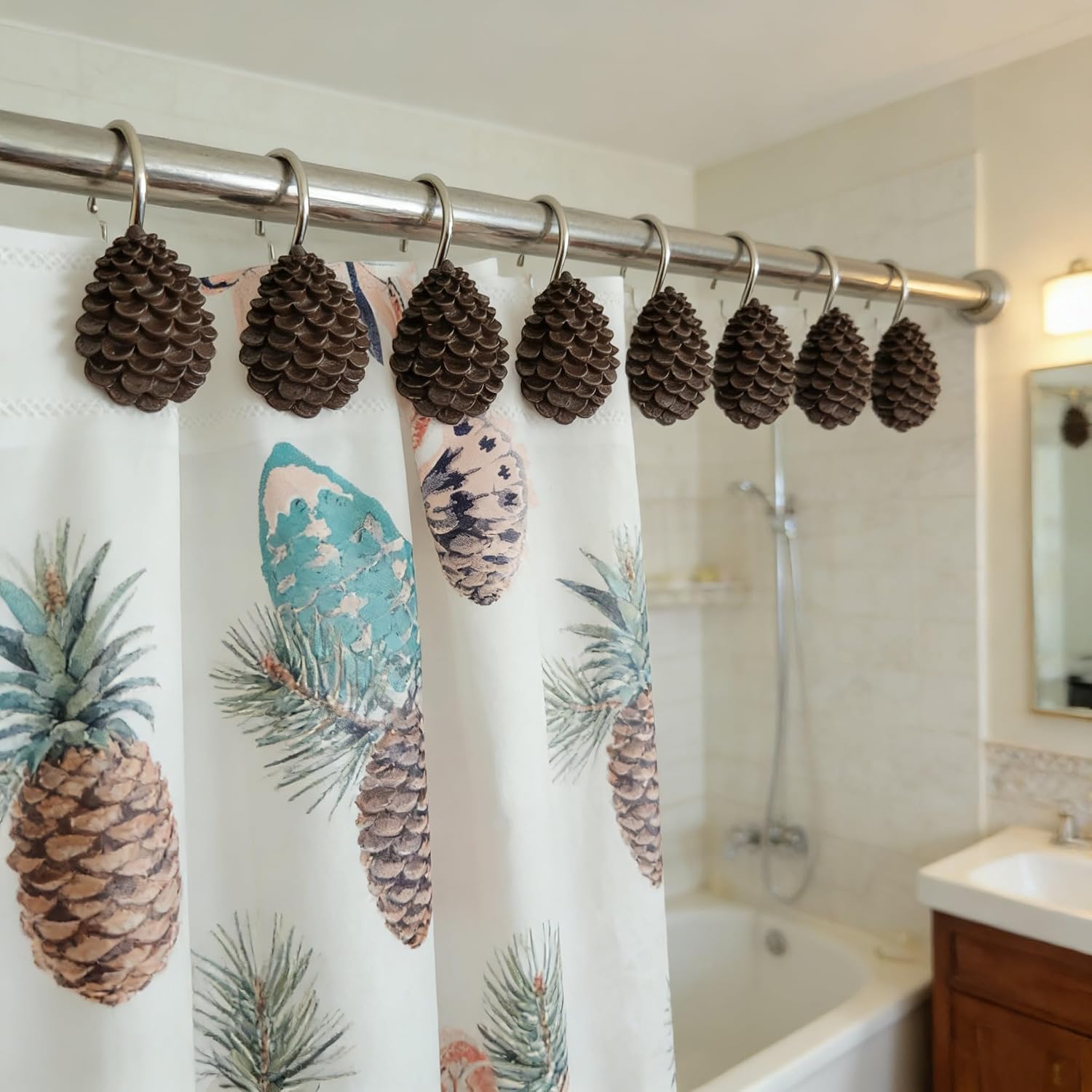 Twofishes Decorative Pinecone Shower Curtain Hooks Bathroom Rolling Hangers Curtain Rings Pack of 12