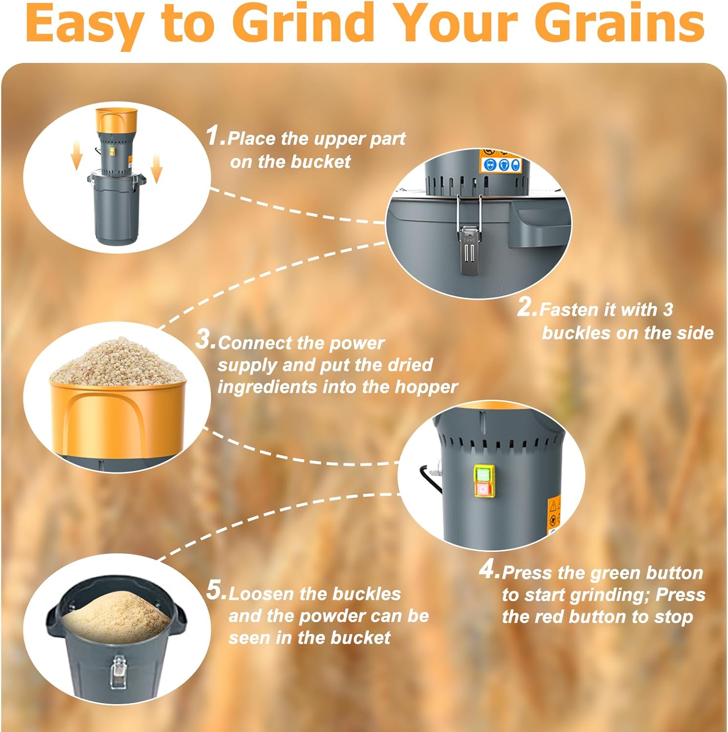 Eachbid 25L Grain Mill Grinder, 1300W Electric Grain Grinder Mill, Detachable 6.6 Gal Bucket & Hopper, with 5 Grinder Sieves+1Wrench, Feed Mill Dry Cereals, Corn Grinder, Wheat Grinder, Molino de Maiz
