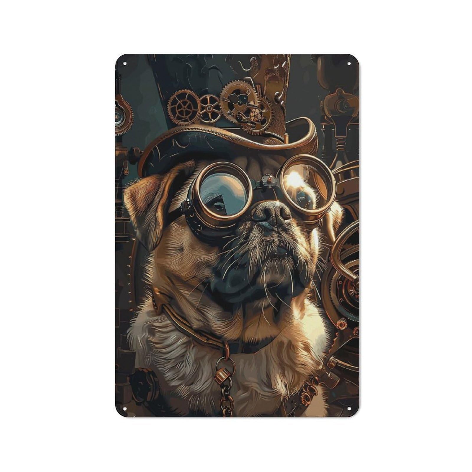 Steampunk Pug Dog Decorative Tin Sign 30x20cm, Distressed Look Vintage Wall Decor for Lounge, Study, Pub Or Wall Gallery