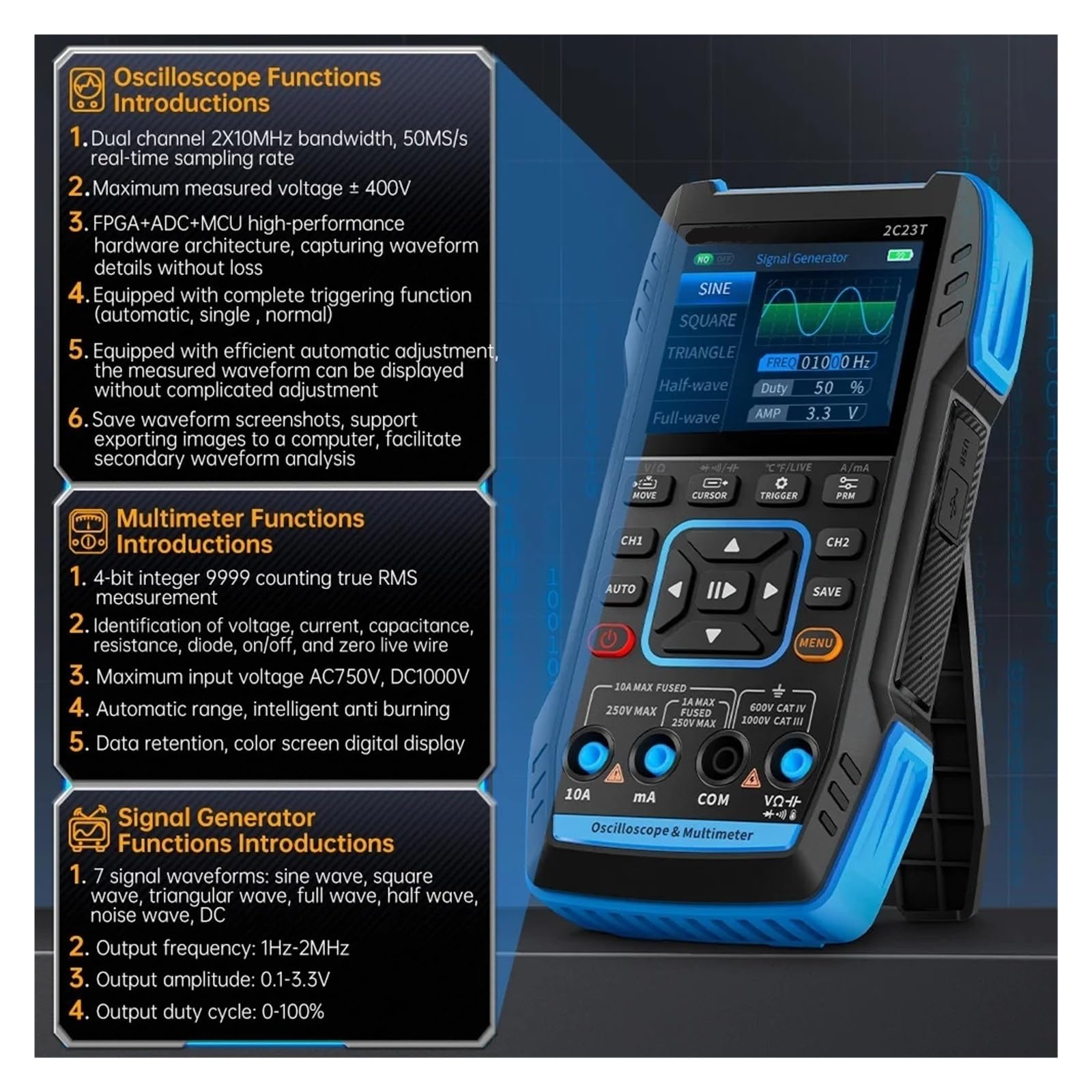 osciloscopio Multímetro Digital de Mano, osciloscopio de 10 MHz*2+, generador de señales con función de 9999 Cuentas(2C23T Option)