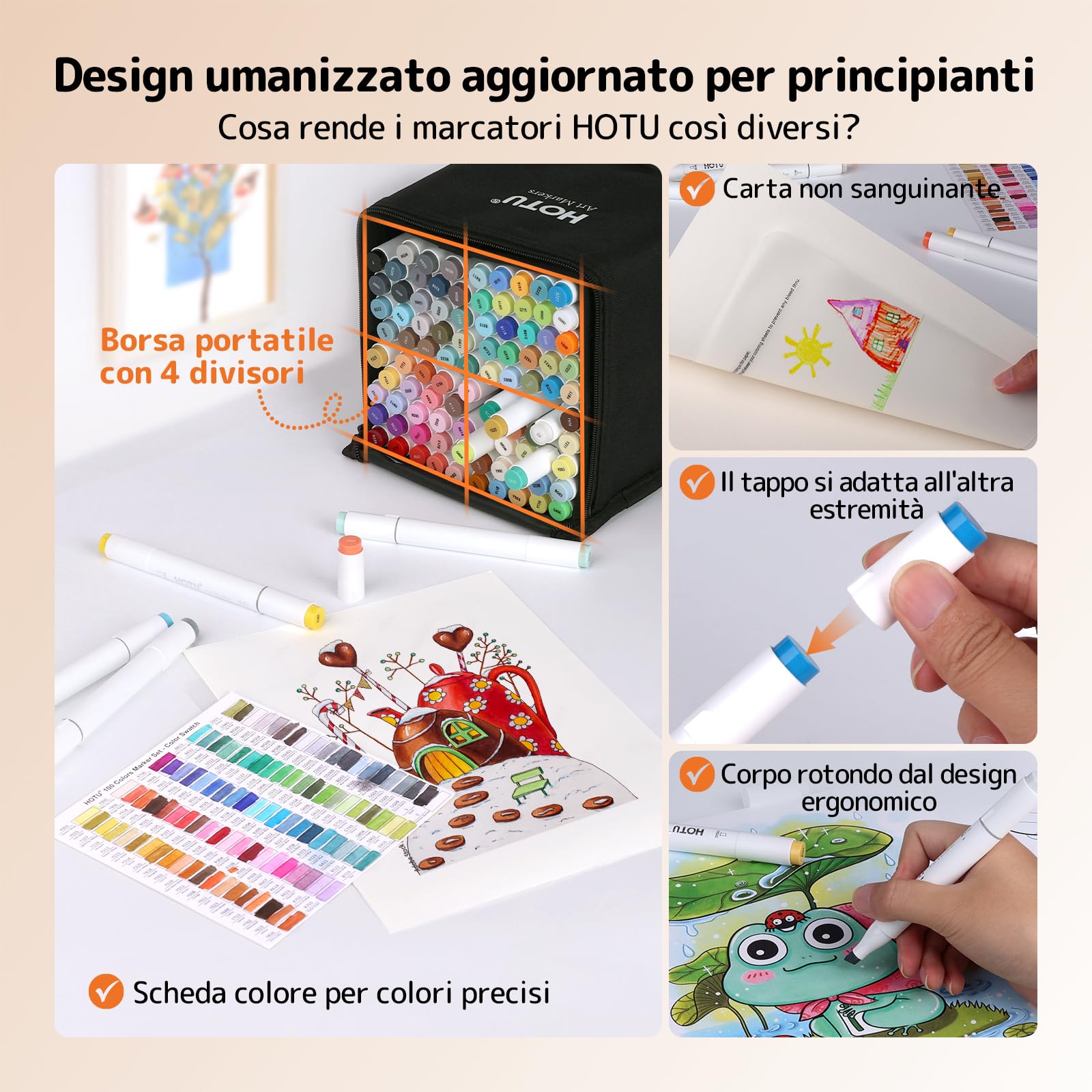 HOTU Pennarelli ad Alcool, [per Principianti] 100 Colori Vivaci e Set di Pennarelli Artistici a Doppia Punta per Colorare e Disegnare per Adulti, con Inchiostro Professionale, Sfumatura Senza Cuciture