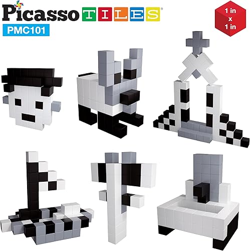 Miniatura 5 de PicassoTiles 101 cubos magnéticos para rompecabezas + funda de transporte de juguetes, bloque magnético en blanco y negro, ideabook gratis con 53