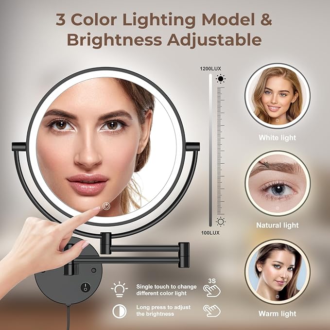 Espejo de maquillaje LED de pared Rocollos 9 pulgadas negro miniatura 5