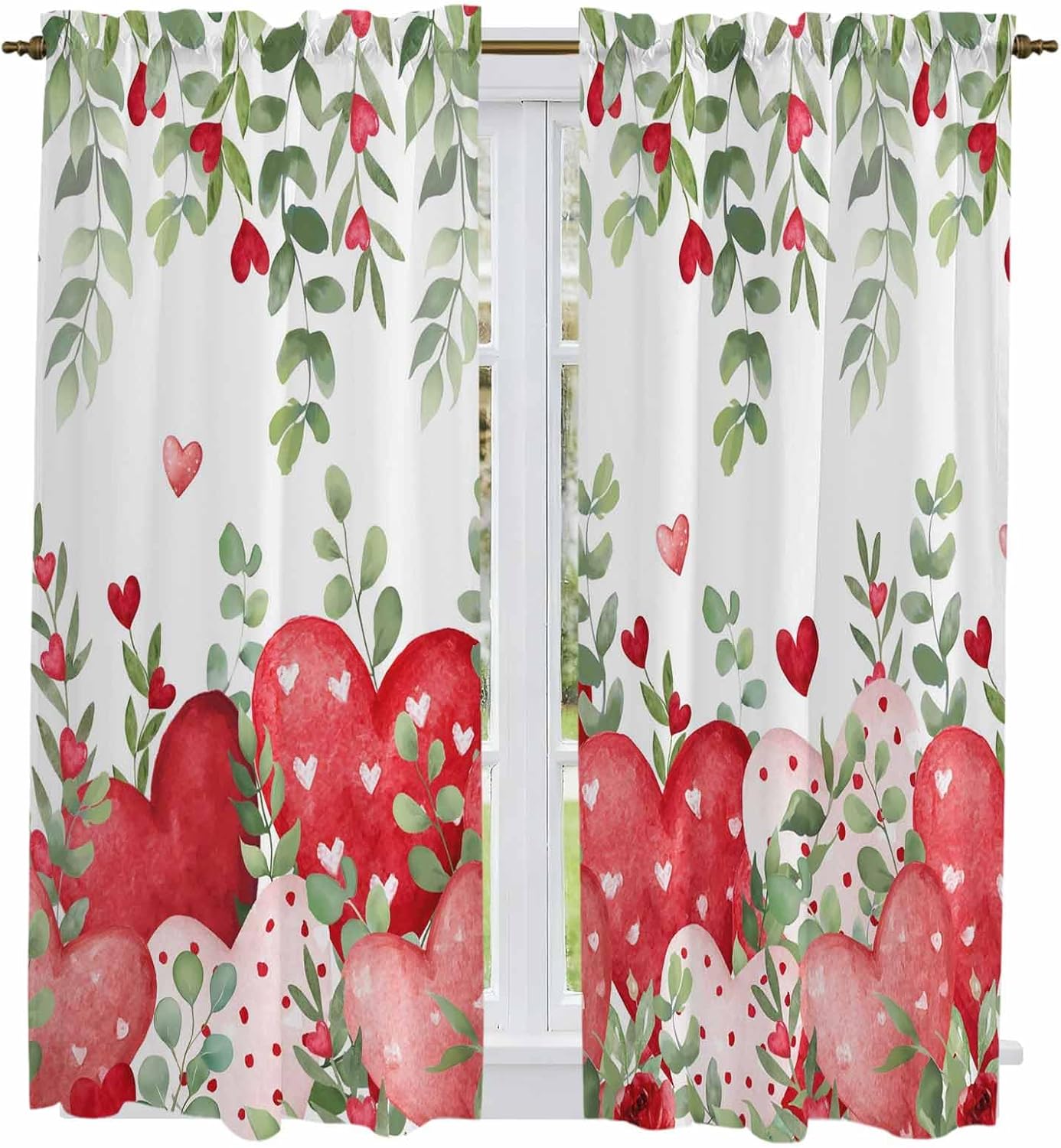 Valentine's Day Kitchen Curtains, Pink Love Heart Country Eucalyptus Botanical Light Filtering Window Curtain, 2Pcs Rod Pocket Window Treatments Set for Living Room Bathroom Bedroom 42x63 Inches