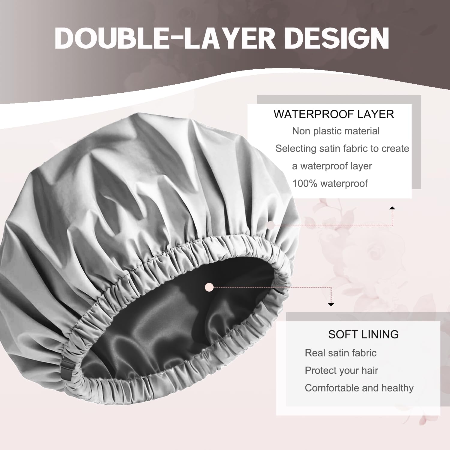 Gorro de ducha para mujer, gorro de ducha con forro de seda de lujo, lavable a máquina, tamaño ajustable y reutilizable, gorro de ducha grande de satén para todo el cabello gris