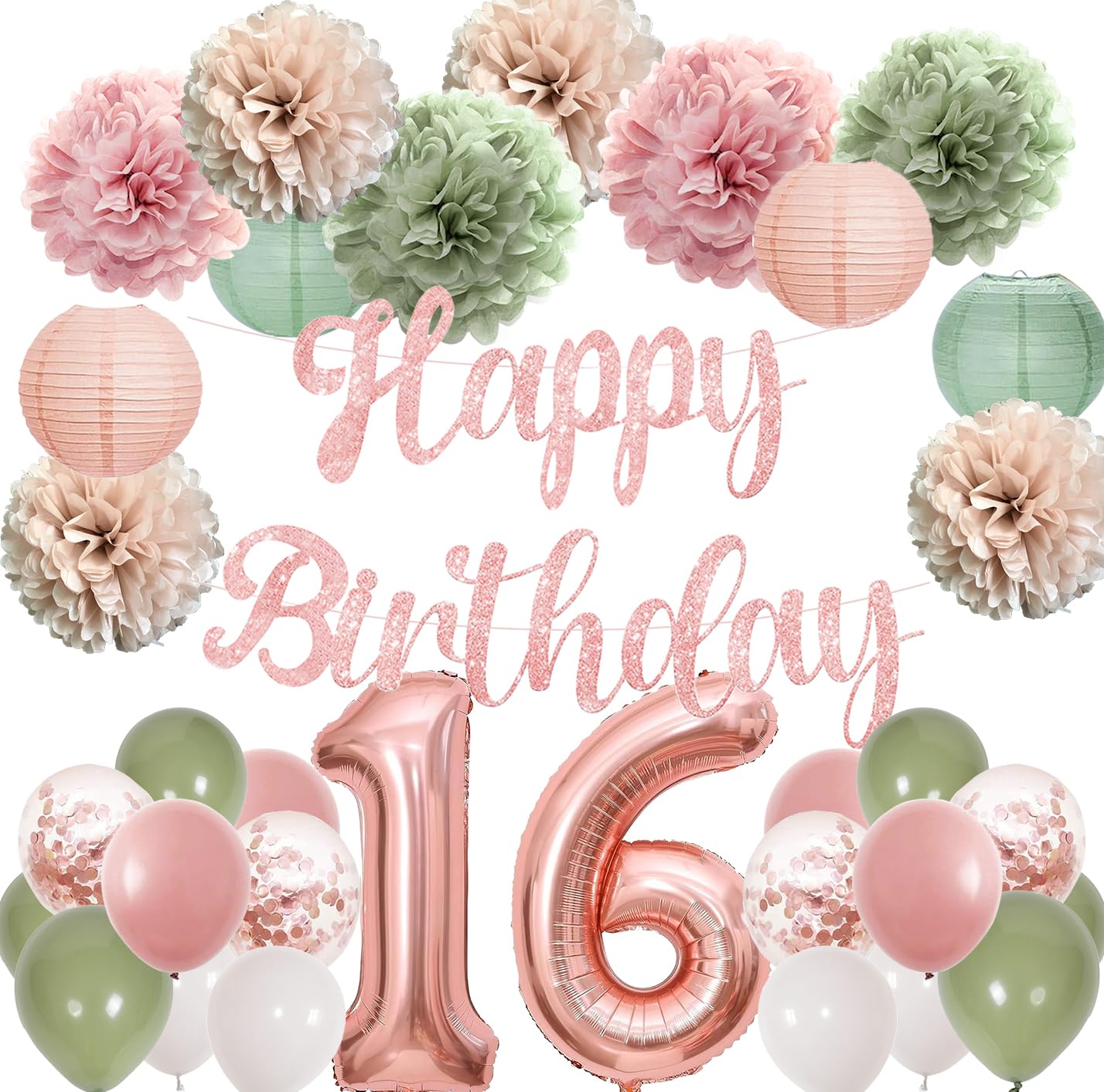 Happy Birthday Decorations for Girls Women with Jumbo Number Balloons Tissue Pompoms Paper Lantern (16th)