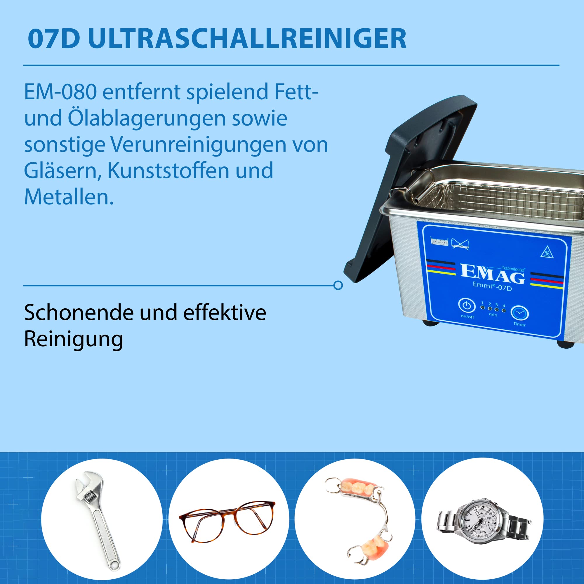 EMAG Ultraschallreiniger Emmi 07D Edelstahl I Brillenreinigungsgerät auch Schmuck & Uhren + Timer I Ultraschallreinigungsgerät aus Deutschland I 500ml
