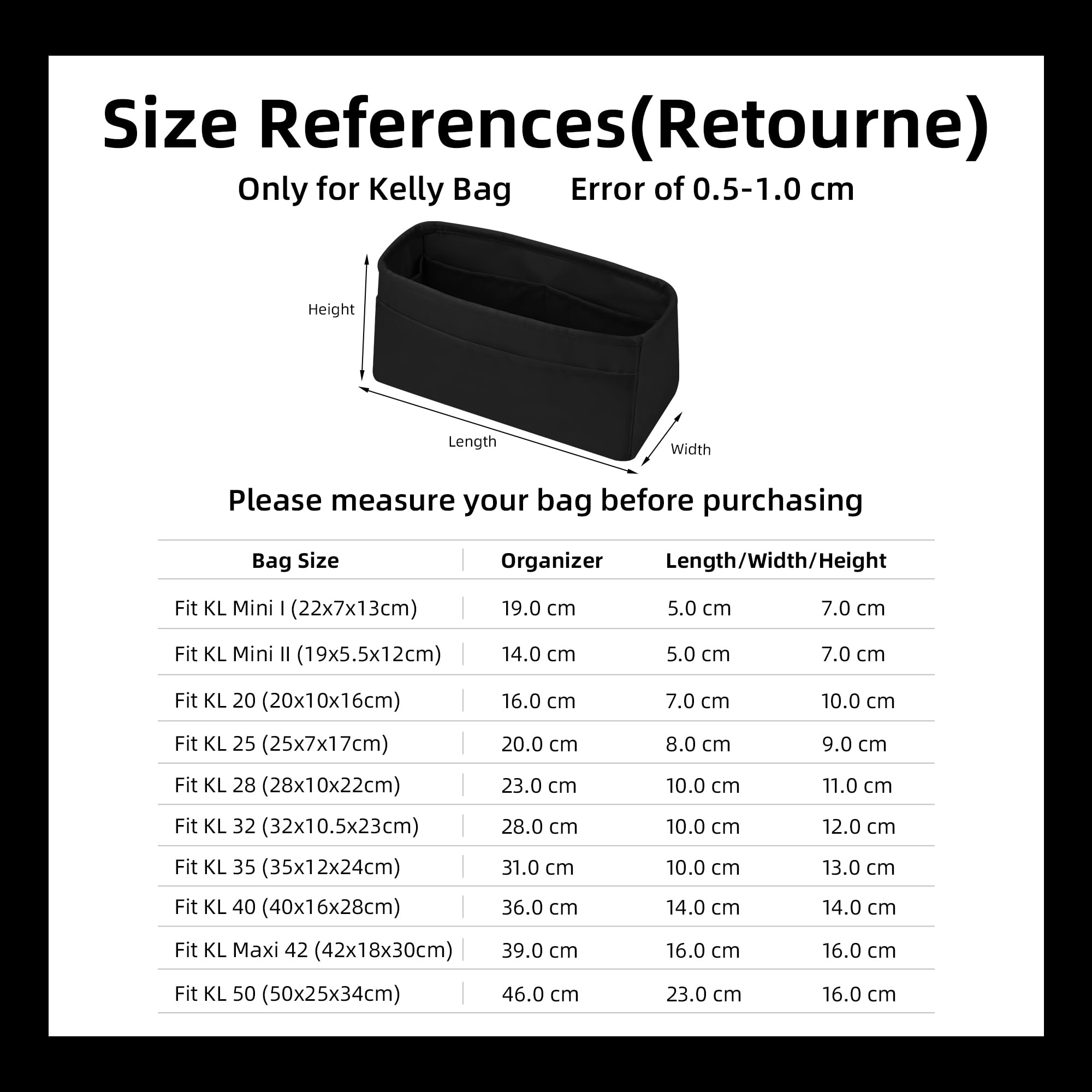 DGAZ Seiden Handtaschen Organizer für Kelly 32, Tasche in Tasche, Schwarz