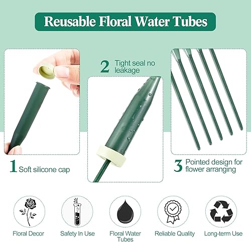 Miniatura 10 de 90 tubos de agua florales verdes, tubos florales de plástico, suministros para flores frescas con tapa de goma para arreglos de tallo floral,