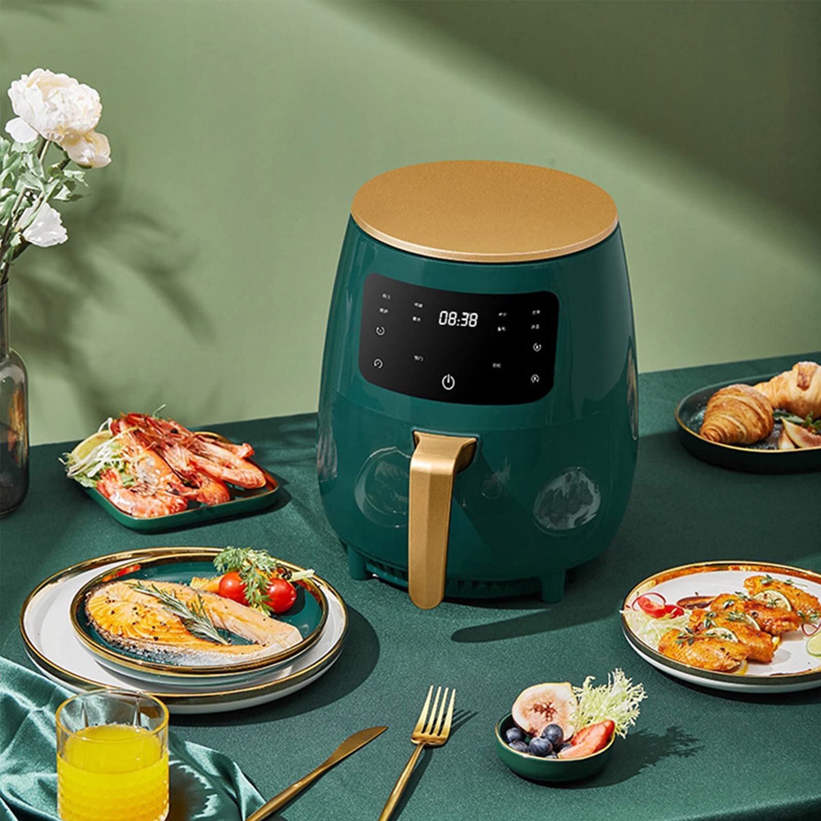 Frytkownice powietrzne 1400 W, The Big Fhire, 8 inteligentnych menu, ogrzewanie 360°, wyświetlacz dotykowy, bezolejowe frytkownice powietrzne zielone (zielone) (frytkownice powietrzne) (zielone)