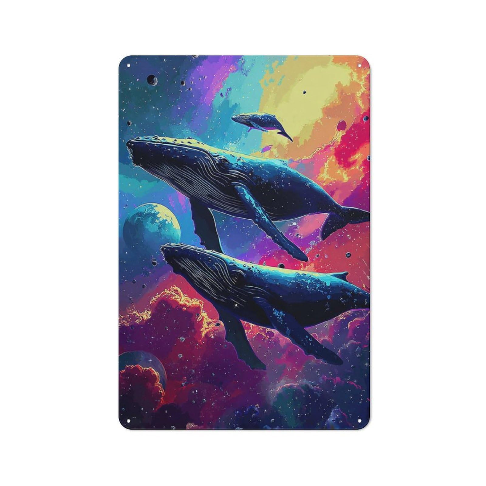 Junmoney Whales In Cosmic Dreamscape Tin Wall Plaque 30X20cm With For Bar Or Restaurant, Housewarming Wall Decor For People Furnishing Bar And Restaurant