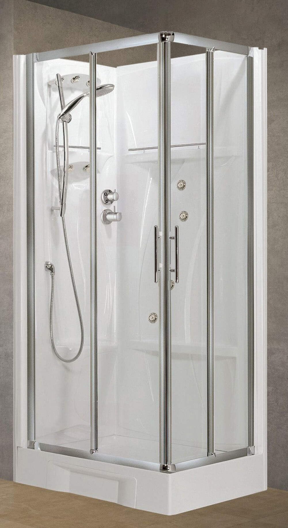 Novellini New Holiday A90 hidromasaje 90 x 90 cm cabina de ducha multifunción apertura 2 puertas correderas ángulo derecho izquierdo mezclador termostático vidrio transparente perfil plateado altura