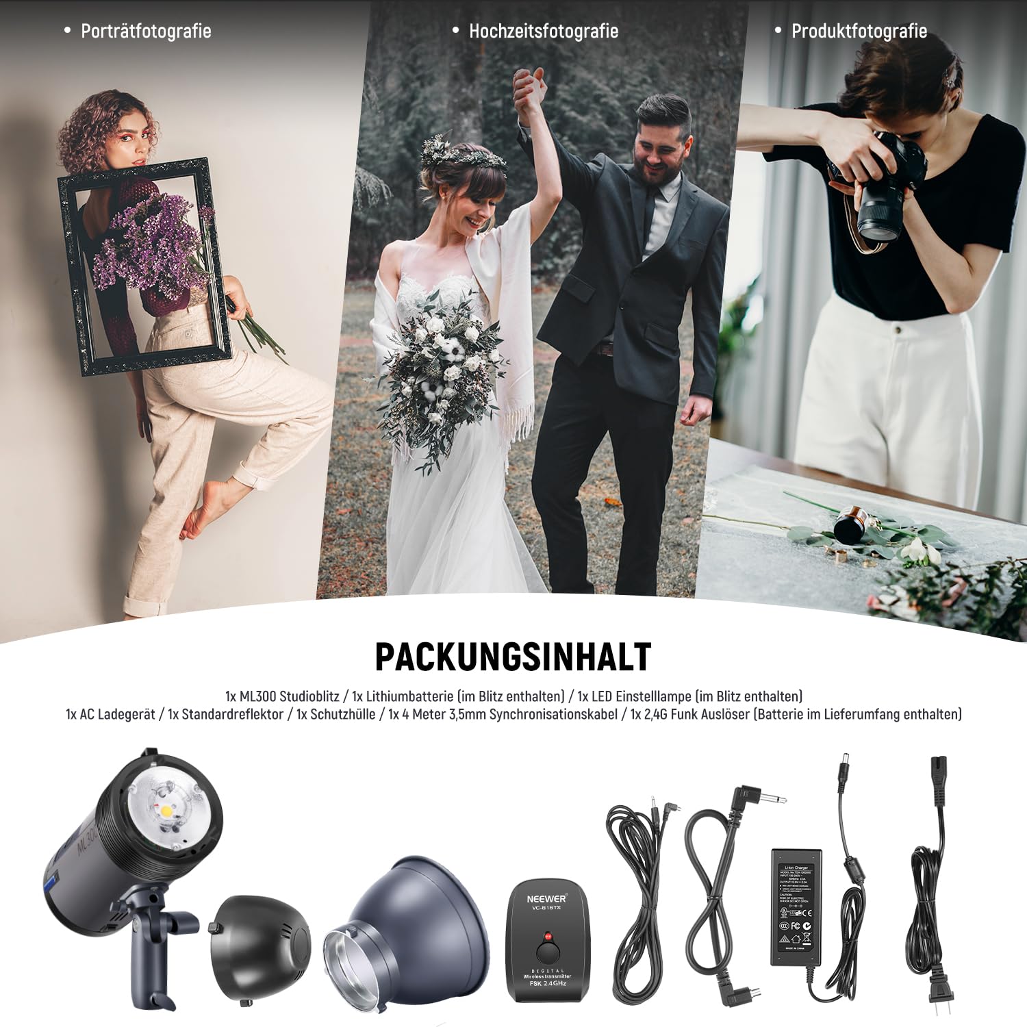 NEEWER ML300 300W GN60 im Freien Studioblitz-Li-Ion-Batteriebetriebenes Monolight mit 2,4GHz Funkauslöser, 1000 Blitzen mit voller Leistung, 0,4-2,5s Ladezeit, Bowens-Halterung, 2er-Pack Li-on-Akku