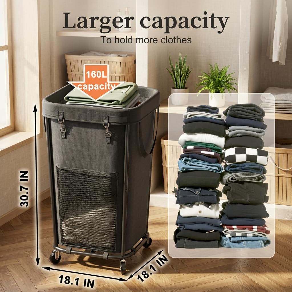 Homedepal 160L Rolling Laundry Basket with Wheels & Removable Bag - Easy‑Move Hamper for Bathroom and Laundry Room (160L Black)
